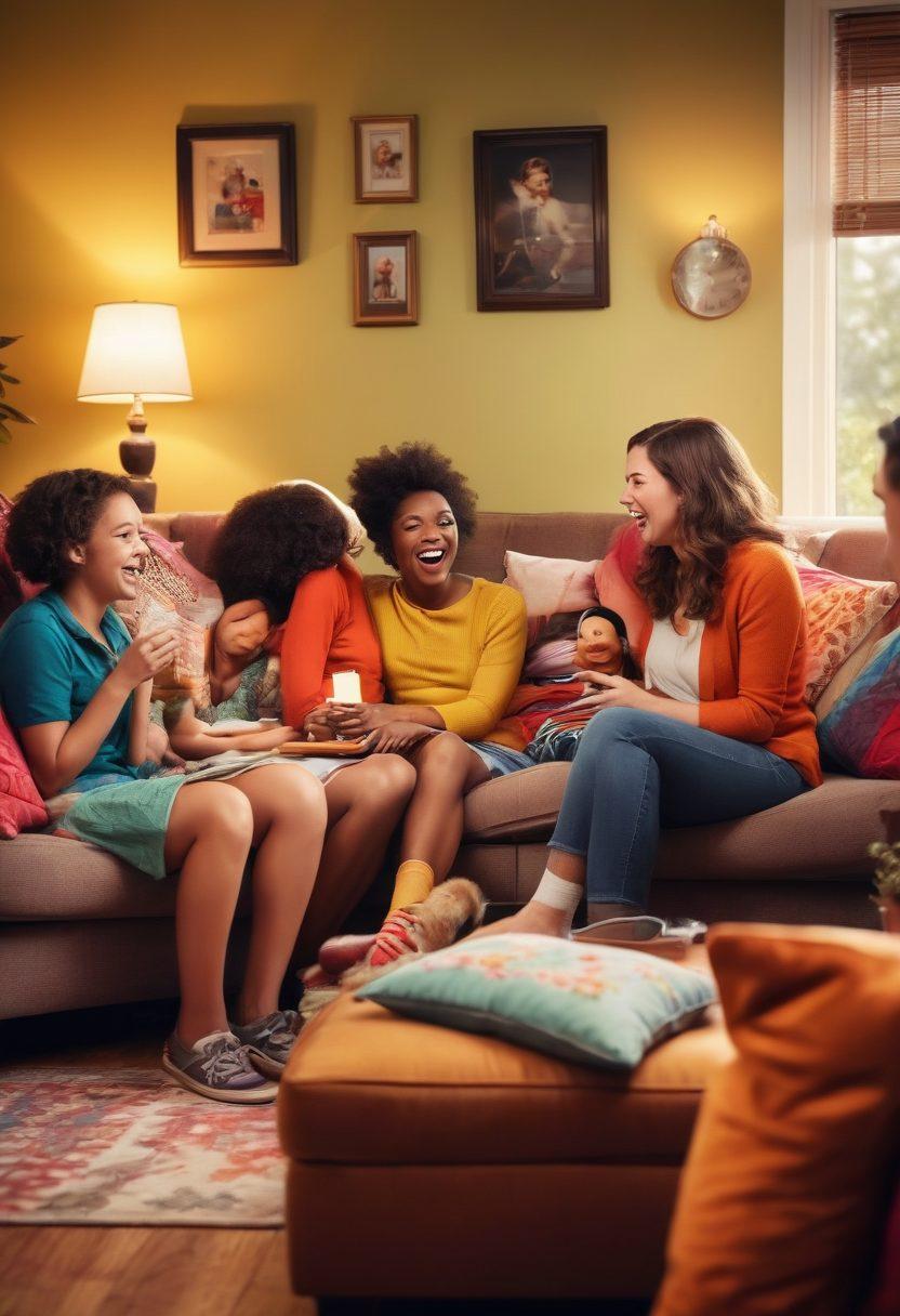 A cozy living room scene filled with a diverse family laughing together while sharing funny jokes. The atmosphere is warm and inviting, with soft lighting and colorful cushions. Include a vintage radio playing in the background, surrounded by humorous cartoons hanging on the walls. Emphasize expressions of joy and amusement on their faces. cartoon style. vibrant colors. soft focus.