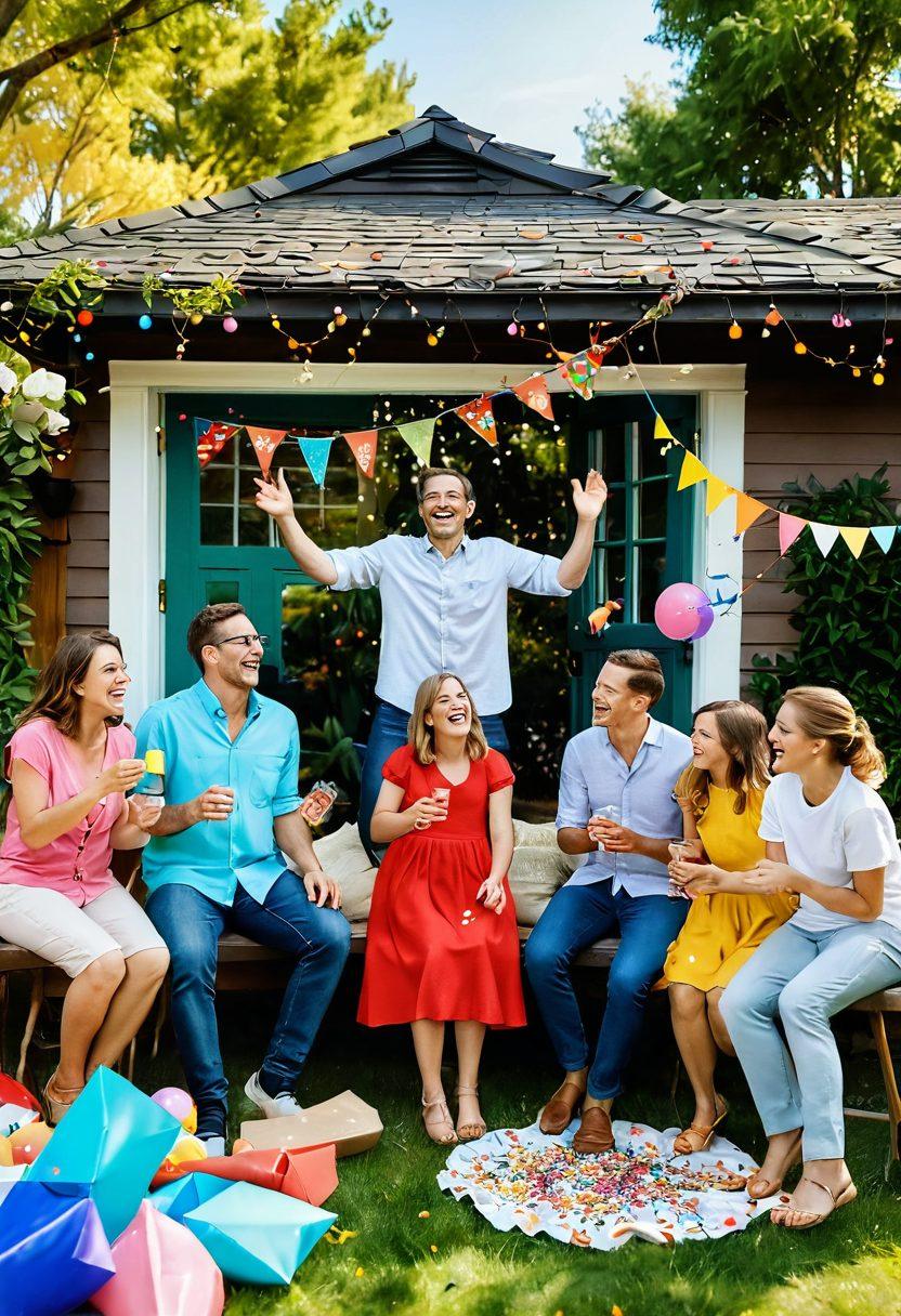 A bright and joyful family gathering, with members of various ages laughing and sharing playful pranks. Incorporate whimsical elements like confetti and silly props, highlighting the bond and happiness they share. Set the scene in a cozy backyard during a sunny day, with colorful decorations in the background. Capture the essence of fun and togetherness in a lively and heartwarming illustration. vibrant colors. playful style.