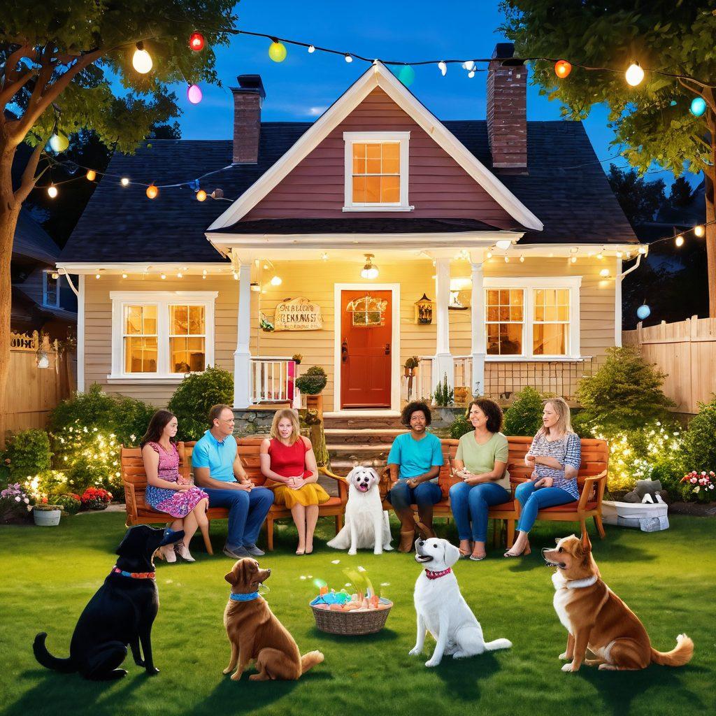 A whimsical family gathering scene, filled with laughter and joy, showcasing diverse family members sharing funny anecdotes and short jokes. Include a playful dog in the foreground, colorful speech bubbles with humorous text floating around, and a cozy backyard setting with fairy lights. Create an atmosphere of warmth and happiness that captures the essence of family humor. vibrant colors. cartoon style.